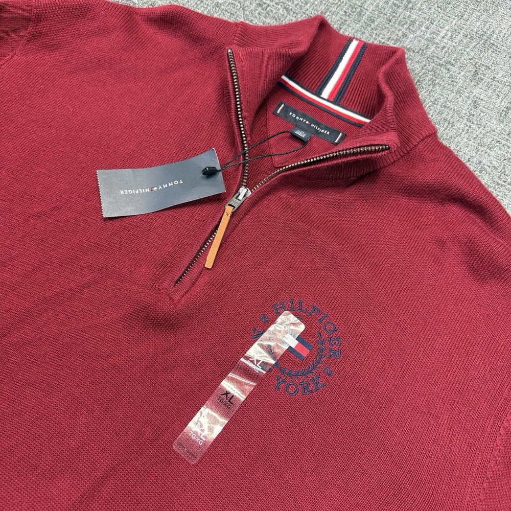 Tommy Hilfiger New York Sweater Mens XL Red 1/4 Zip Cotton Preppy Grandpa NWT